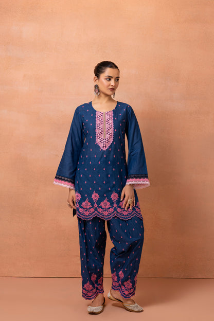 Navy Blue And Pink Embroidered Farshi Salwar Suit Set
