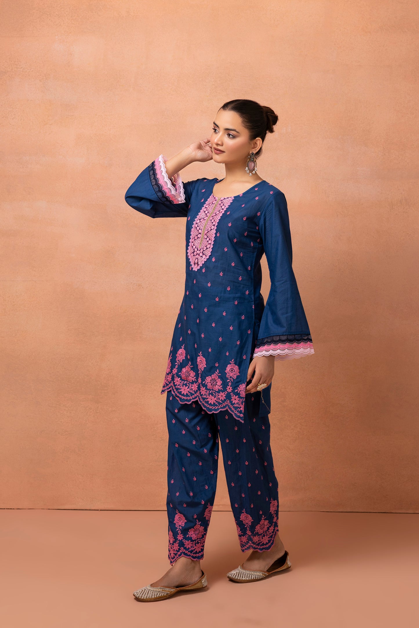 Navy Blue And Pink Embroidered Farshi Salwar Suit Set