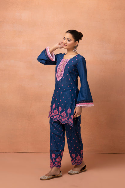 Navy Blue And Pink Embroidered Farshi Salwar Suit Set