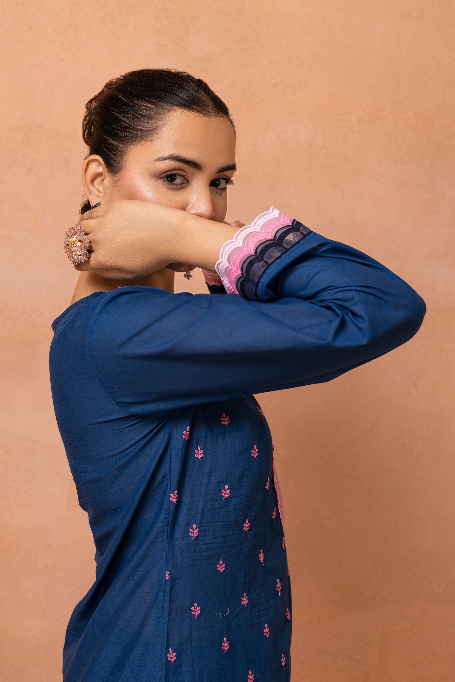 Navy Blue And Pink Embroidered Farshi Salwar Suit Set