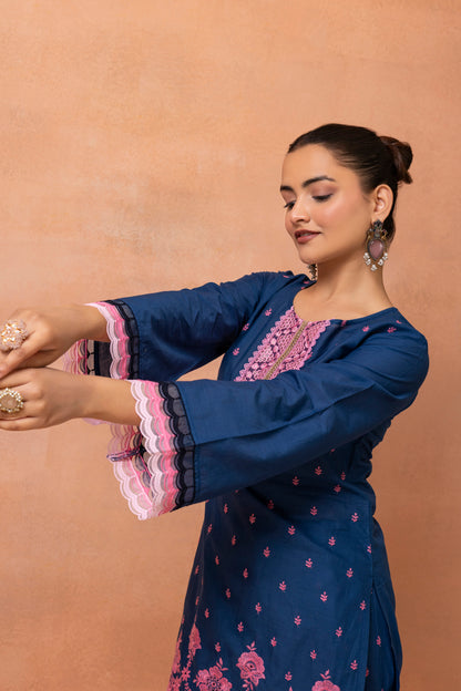 Navy Blue And Pink Embroidered Farshi Salwar Suit Set