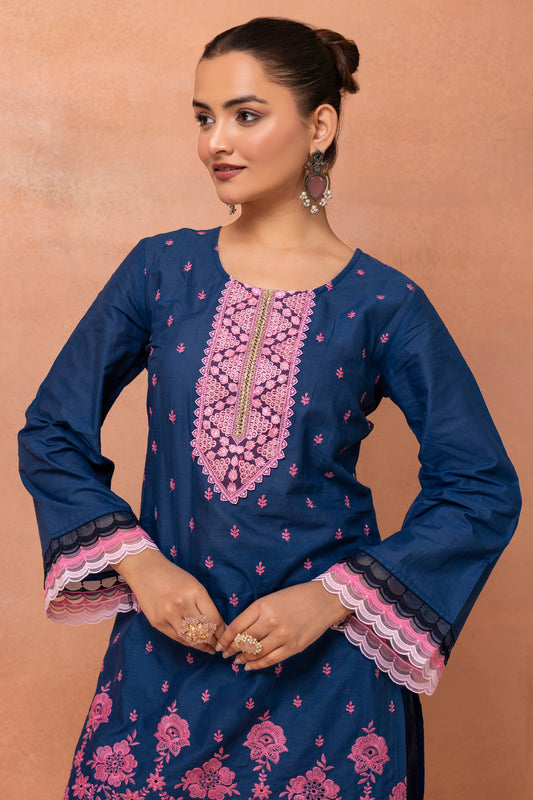 Navy Blue And Pink Embroidered Farshi Salwar Suit Set