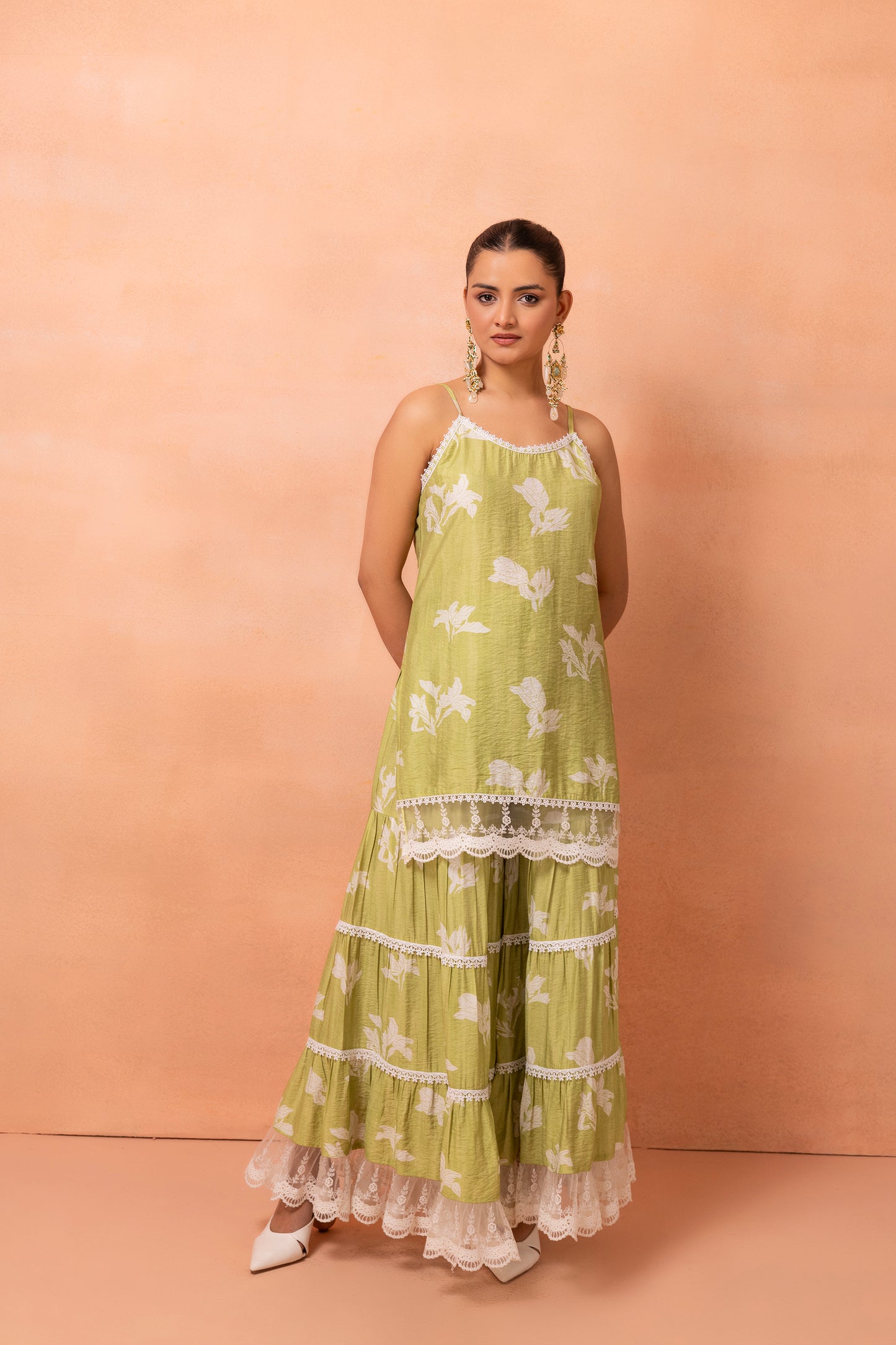 Princess Lace Lime And White Printed Halter Suit Set