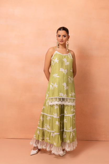 Princess Lace Lime And White Printed Halter Suit Set