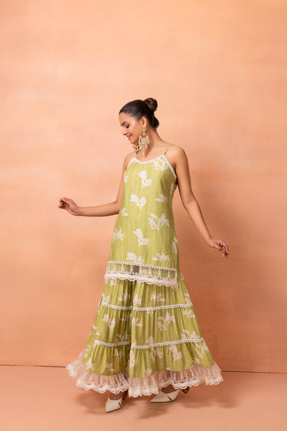 Princess Lace Lime And White Printed Halter Suit Set