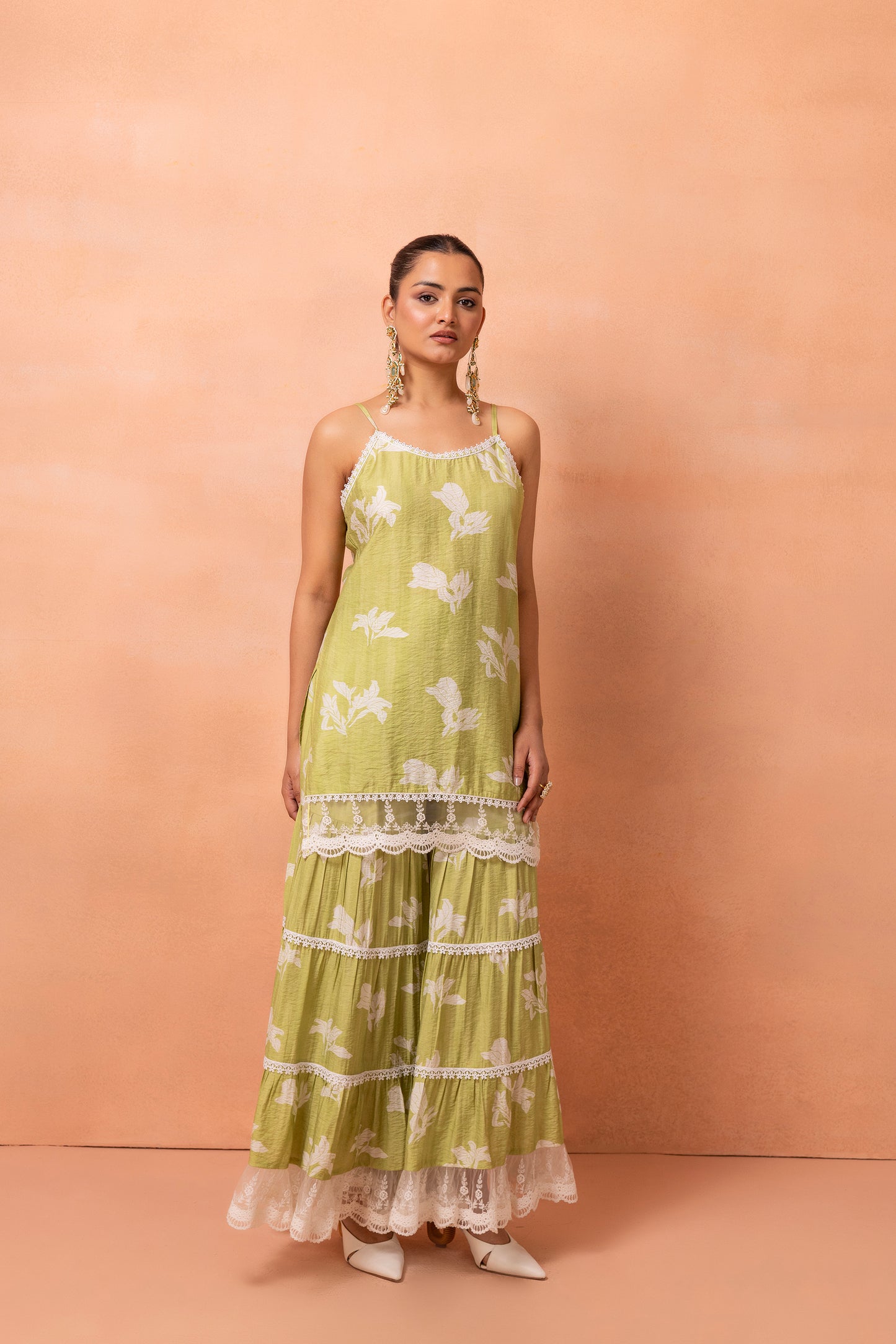 Princess Lace Lime And White Printed Halter Suit Set