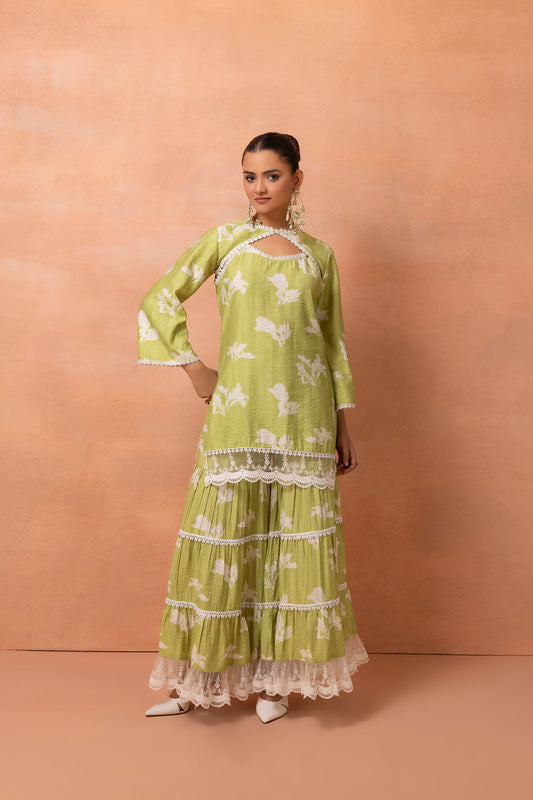 Lime And White Lace Suit Set with Shrug and Dupatta