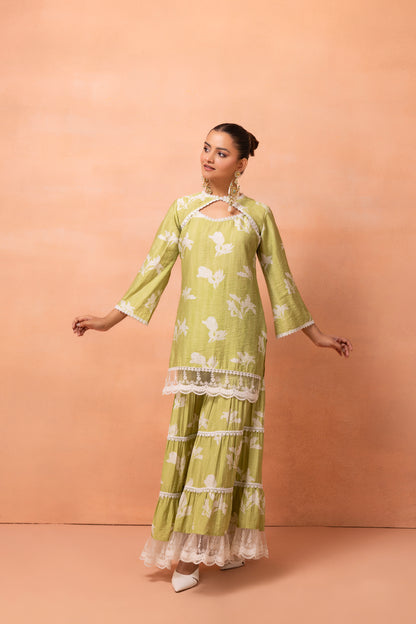 Lime And White Lace Suit Set with Shrug and Dupatta