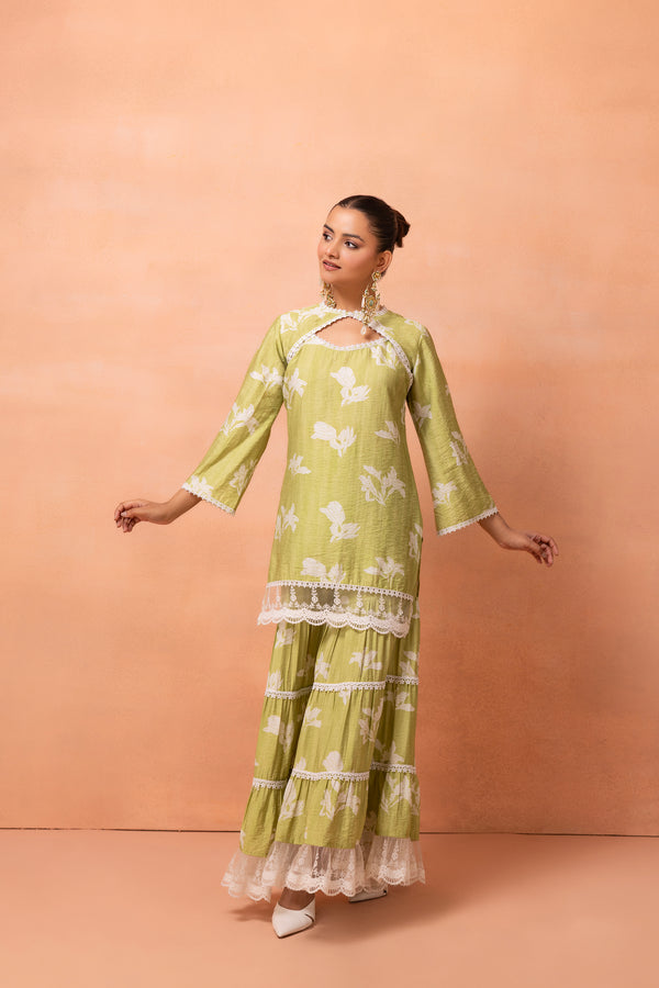 Lime And White Lace Suit Set with Shrug and Dupatta