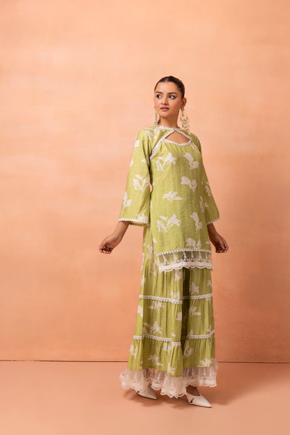 Lime And White Lace Suit Set with Shrug and Dupatta