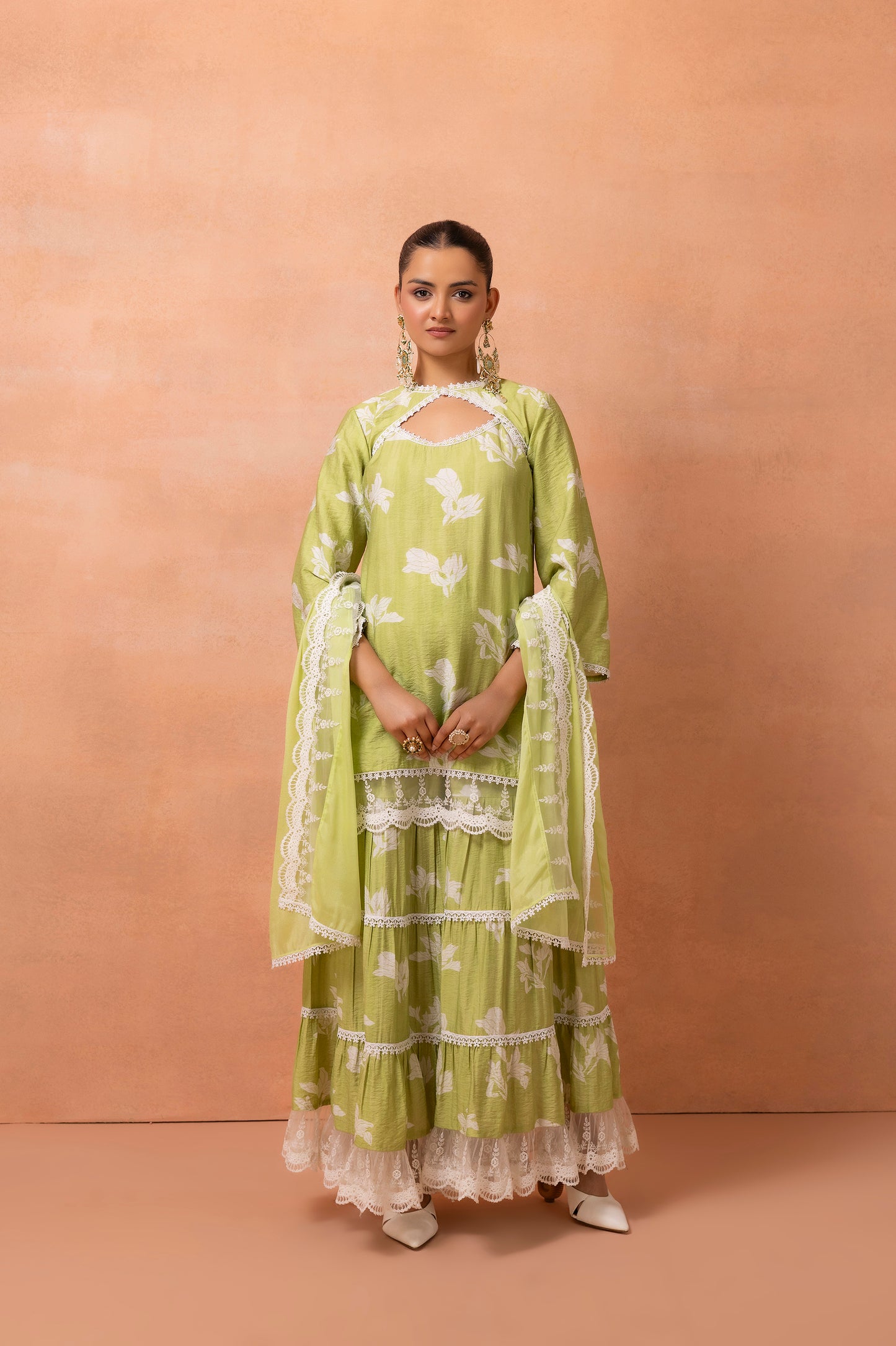 Lime And White Lace Suit Set with Shrug and Dupatta