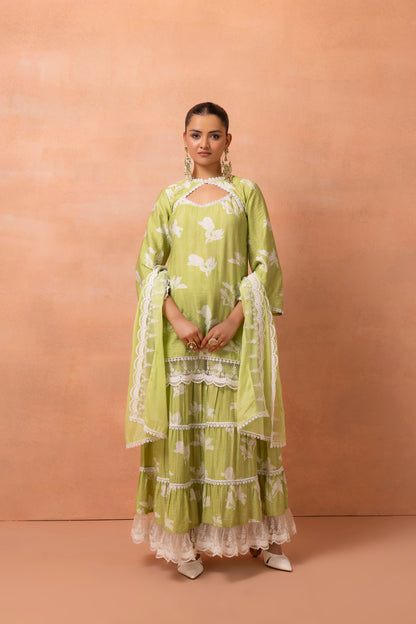Lime And White Lace Suit Set with Shrug and Dupatta