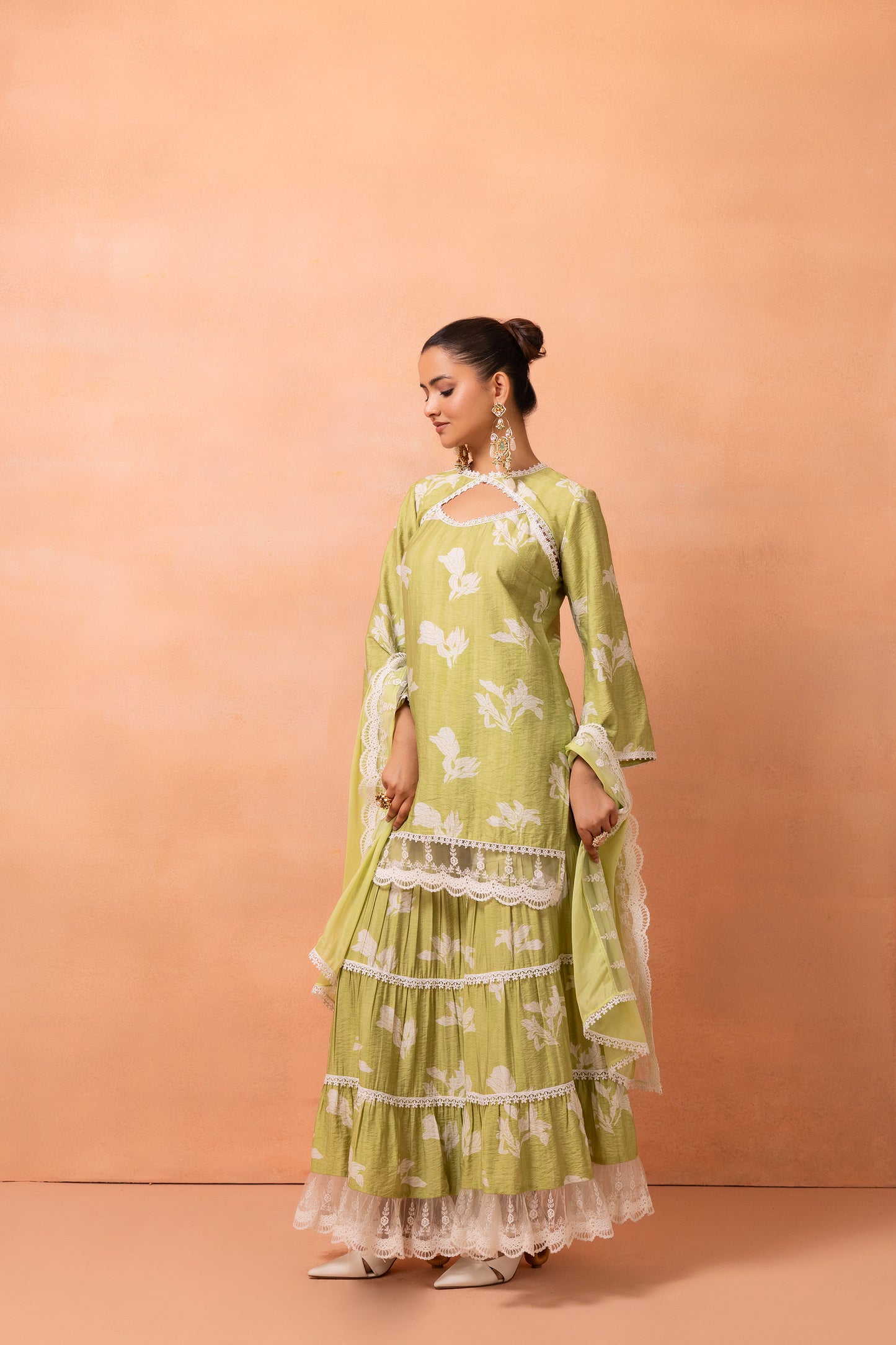 Lime And White Lace Suit Set with Shrug and Dupatta