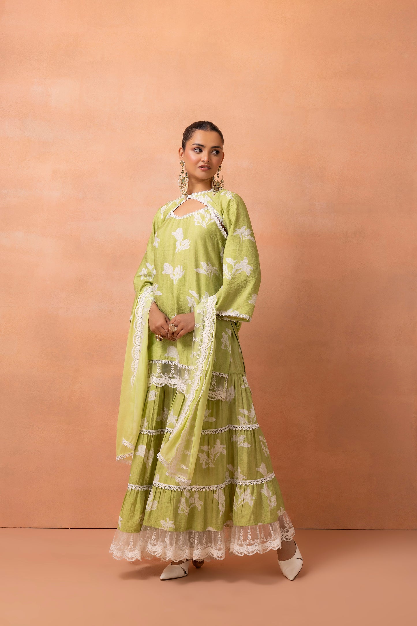 Lime And White Lace Suit Set with Shrug and Dupatta