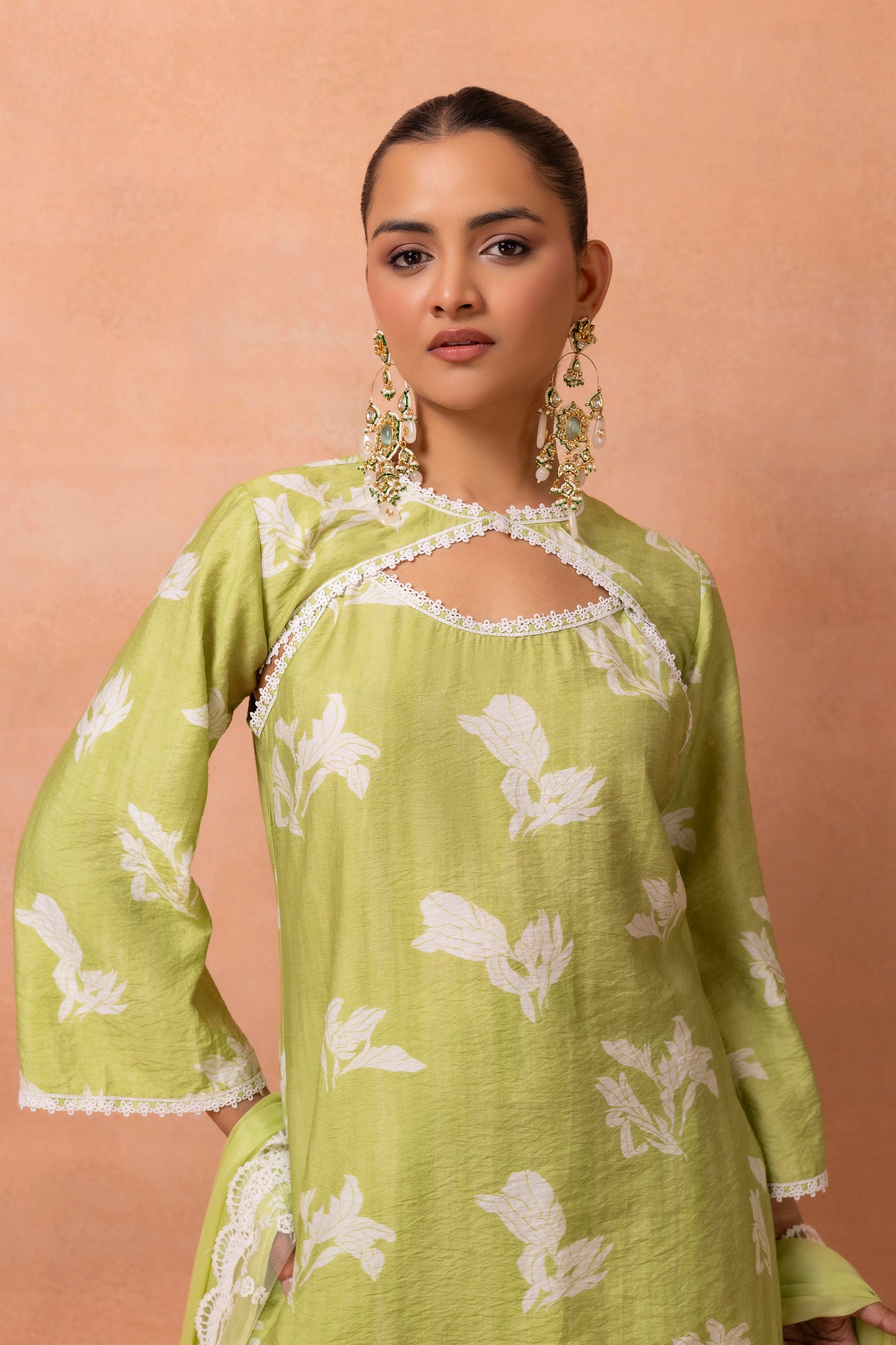 Lime And White Lace Suit Set with Shrug and Dupatta