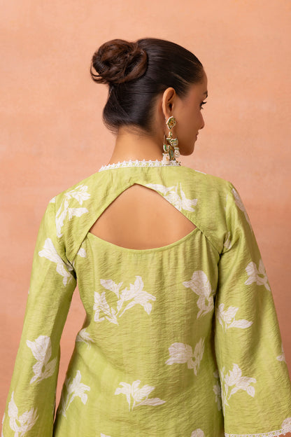 Lime And White Lace Suit Set with Shrug and Dupatta