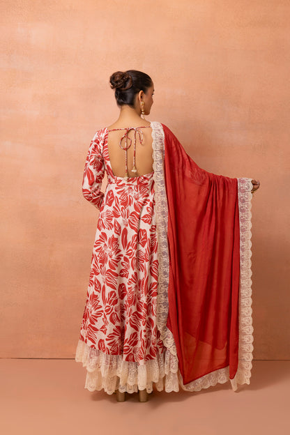 Corset Cream And Red Printed Lace Anarkali Suit Set