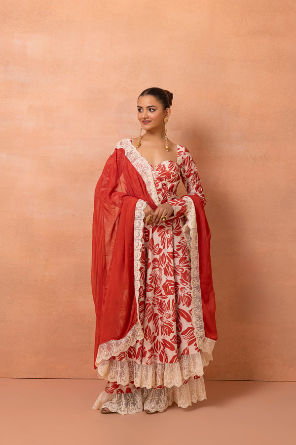Corset Cream And Red Printed Lace Anarkali Suit Set