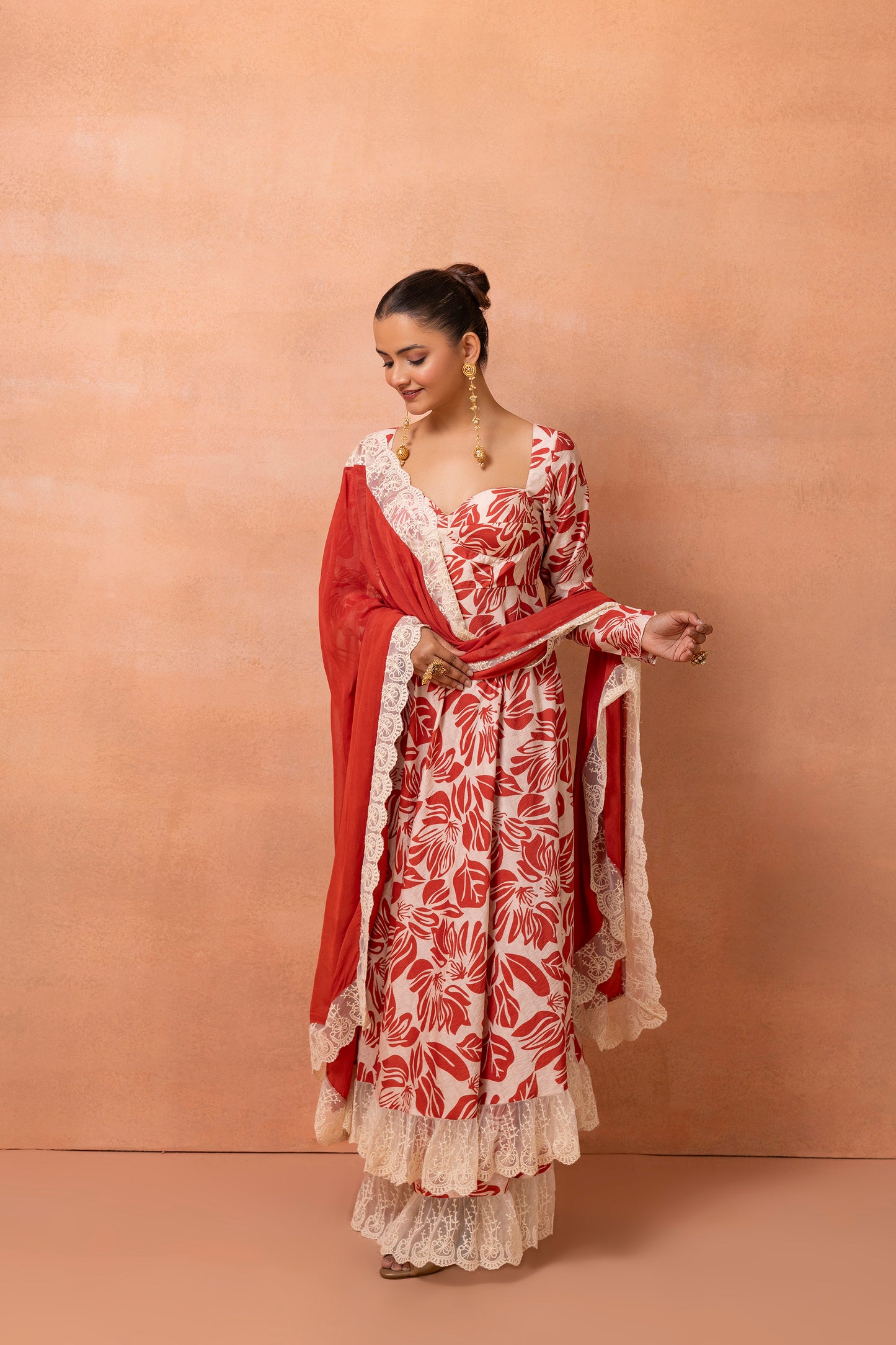 Corset Cream And Red Printed Lace Anarkali Suit Set