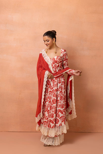 Corset Cream And Red Printed Lace Anarkali Suit Set