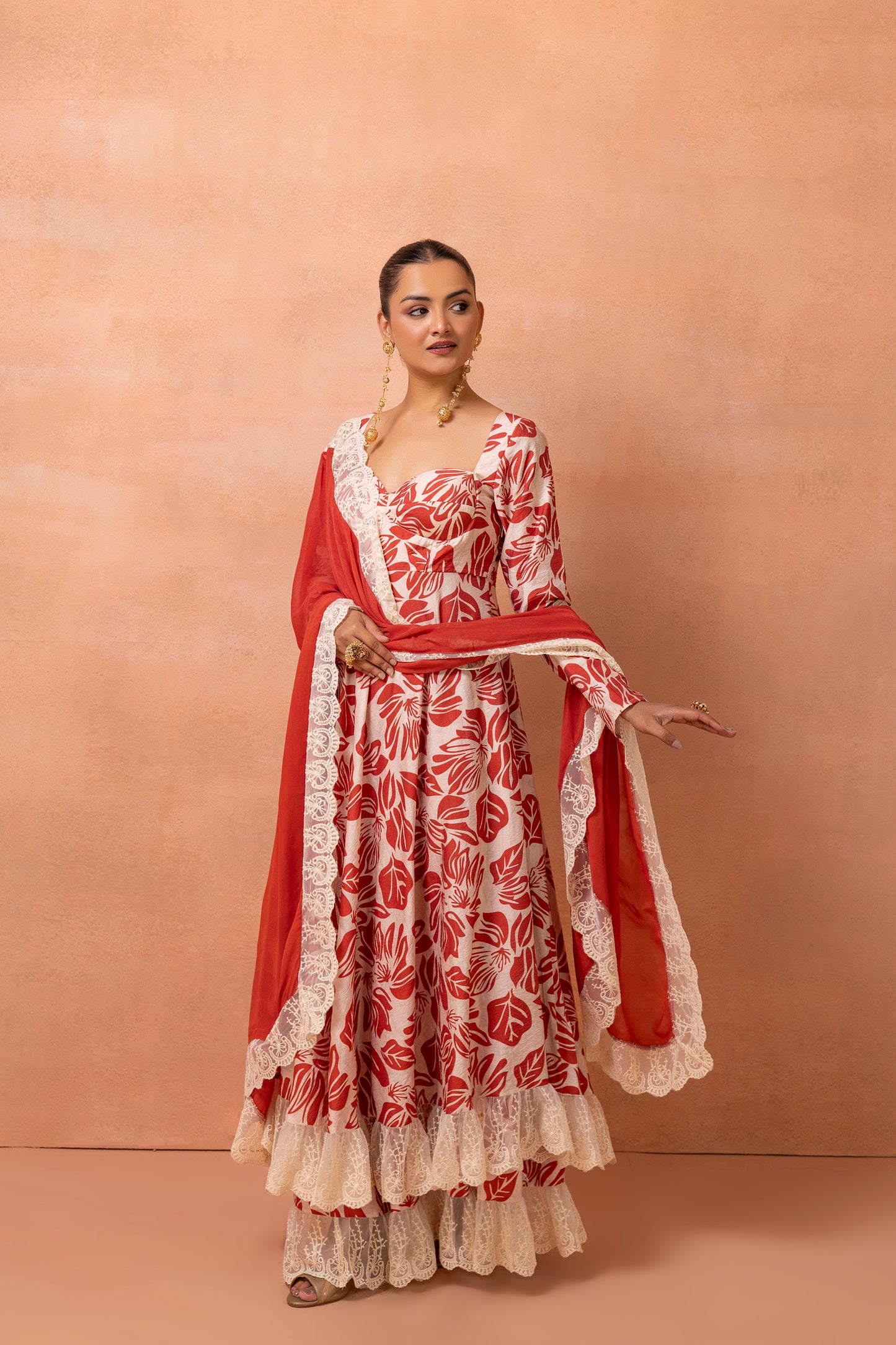 Corset Cream And Red Printed Lace Anarkali Suit Set