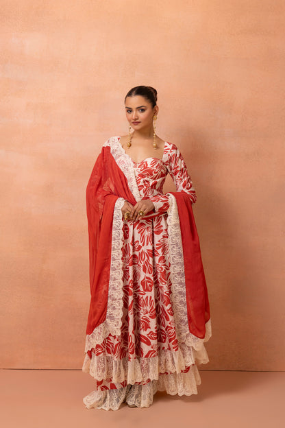 Corset Cream And Red Printed Lace Anarkali Suit Set