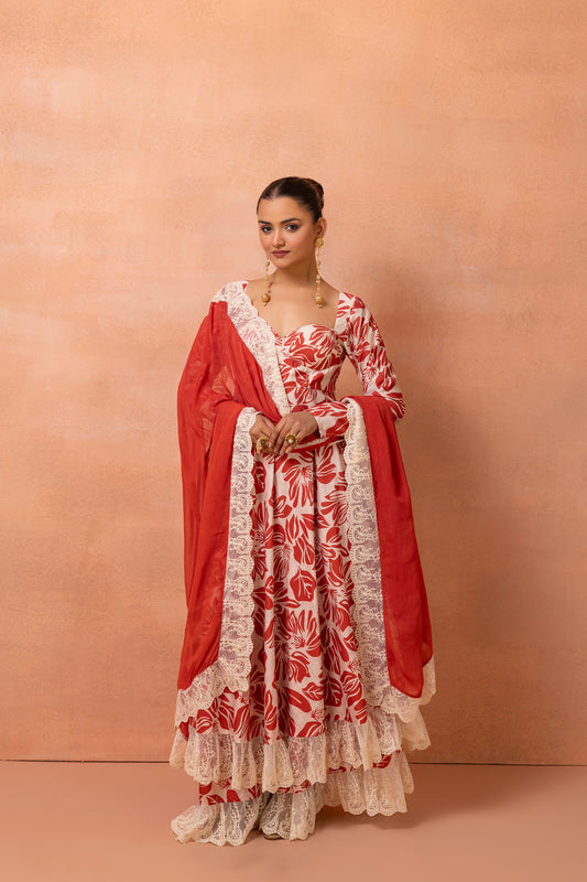 Corset Cream And Red Printed Lace Anarkali Suit Set