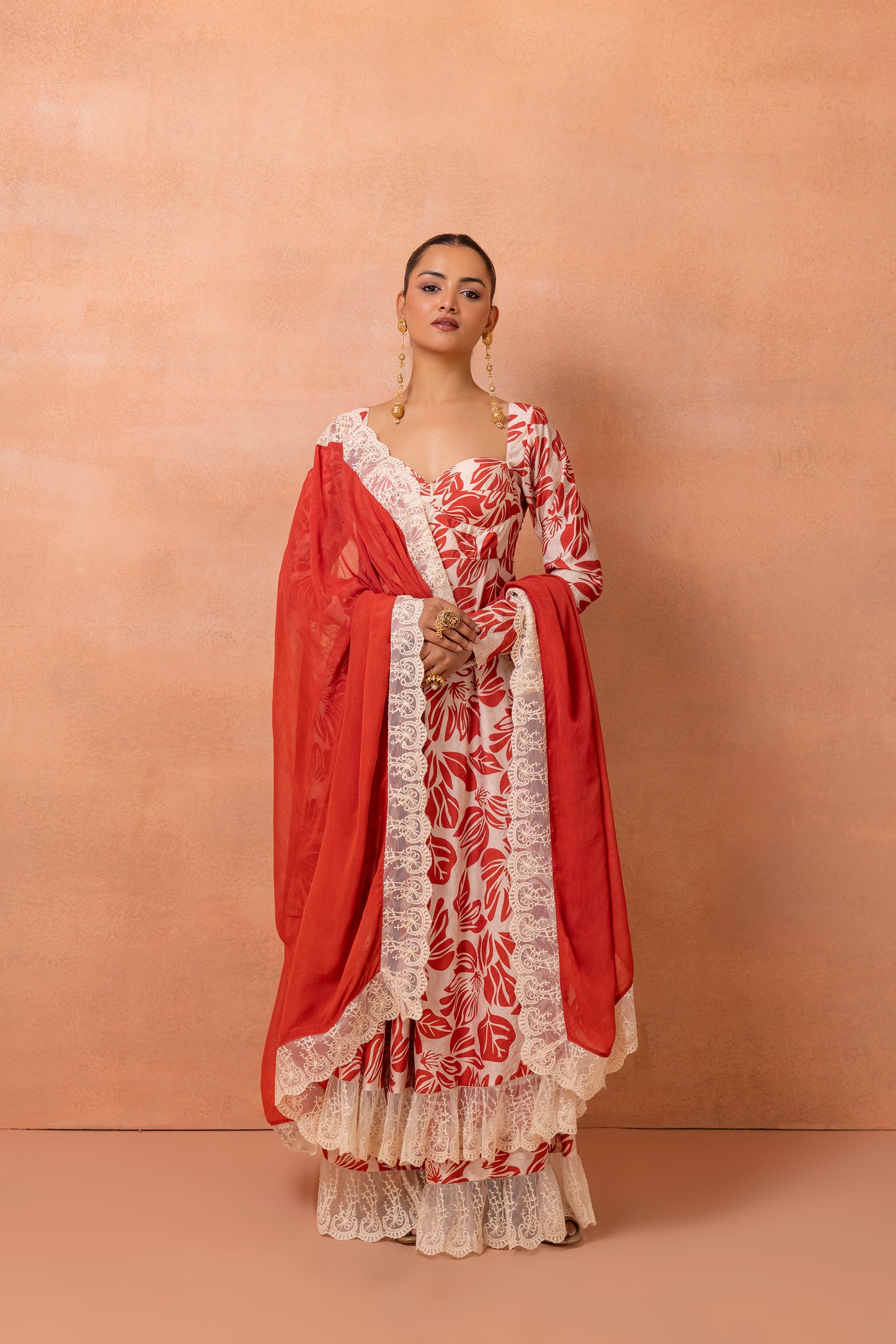 Corset Cream And Red Printed Lace Anarkali Suit Set