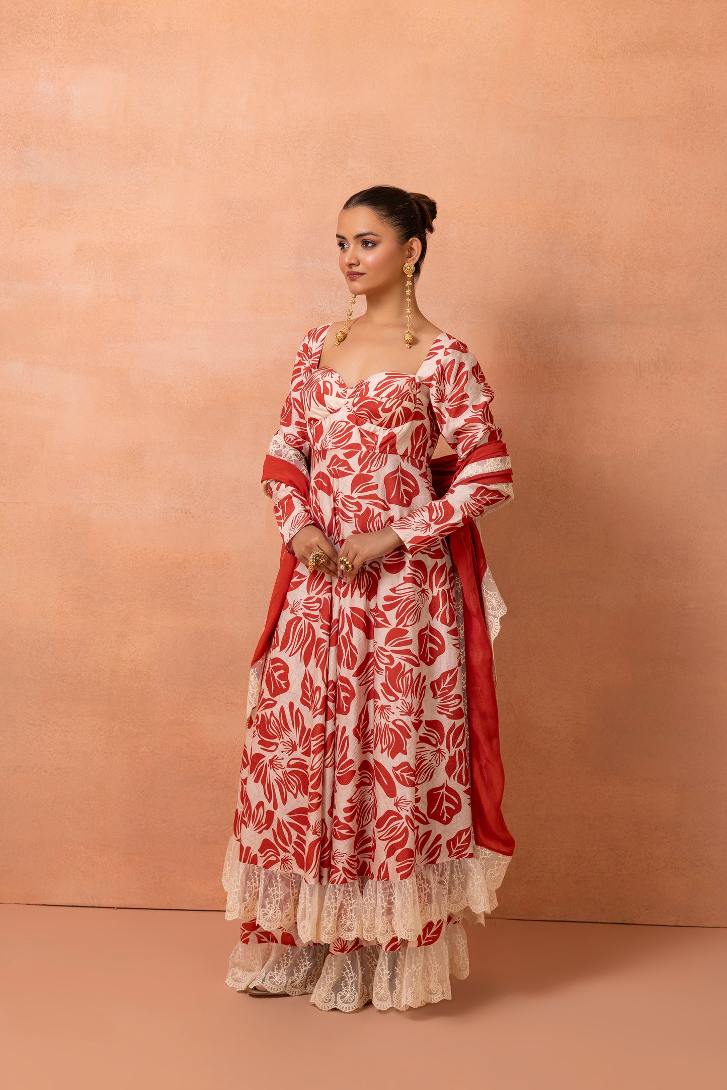 Corset Cream And Red Printed Lace Anarkali Suit Set