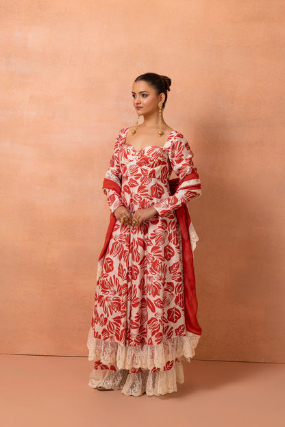Corset Cream And Red Printed Lace Anarkali Suit Set