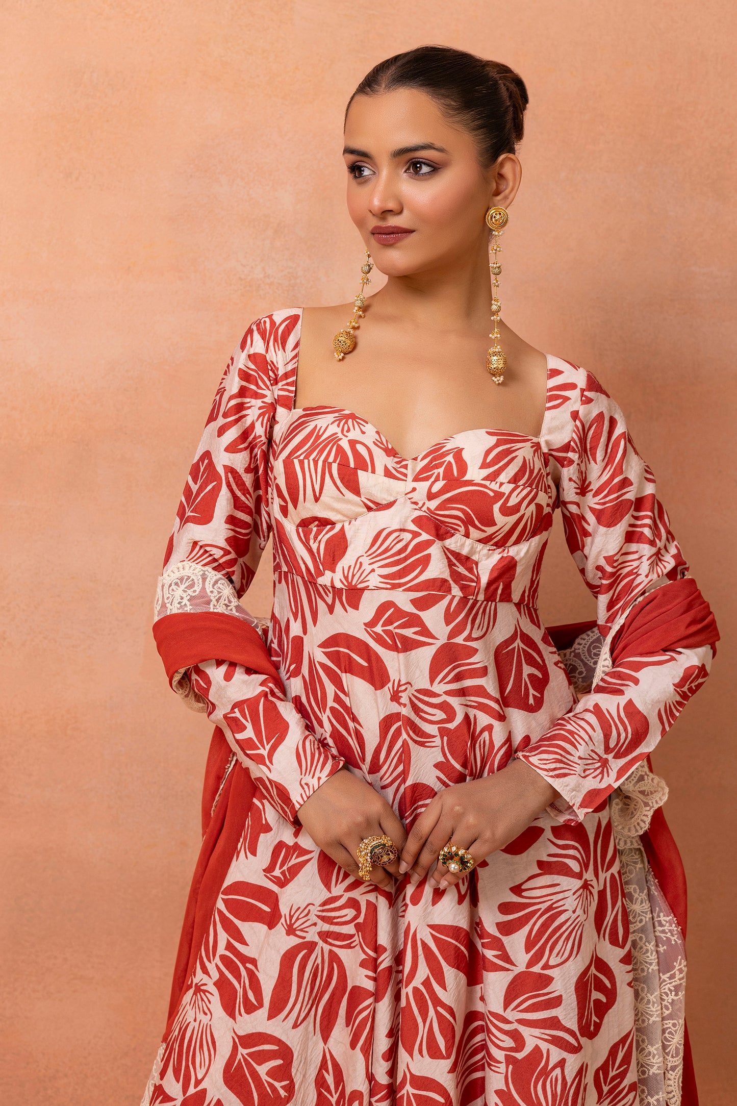 Corset Cream And Red Printed Lace Anarkali Suit Set