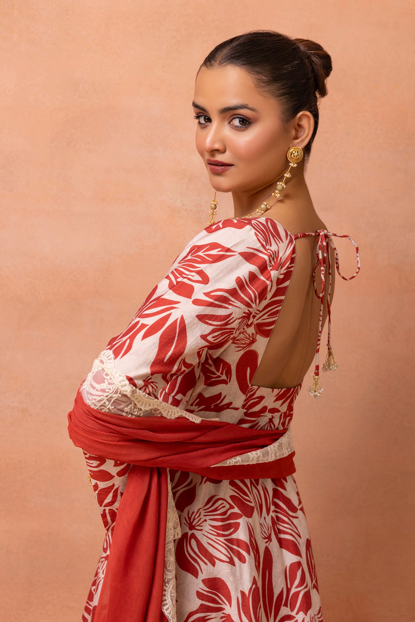 Corset Cream And Red Printed Lace Anarkali Suit Set