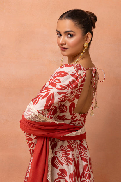 Corset Cream And Red Printed Lace Anarkali Suit Set