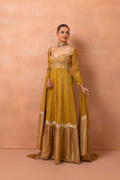 Mustard Gold Embroidered Anarkali Suit Set