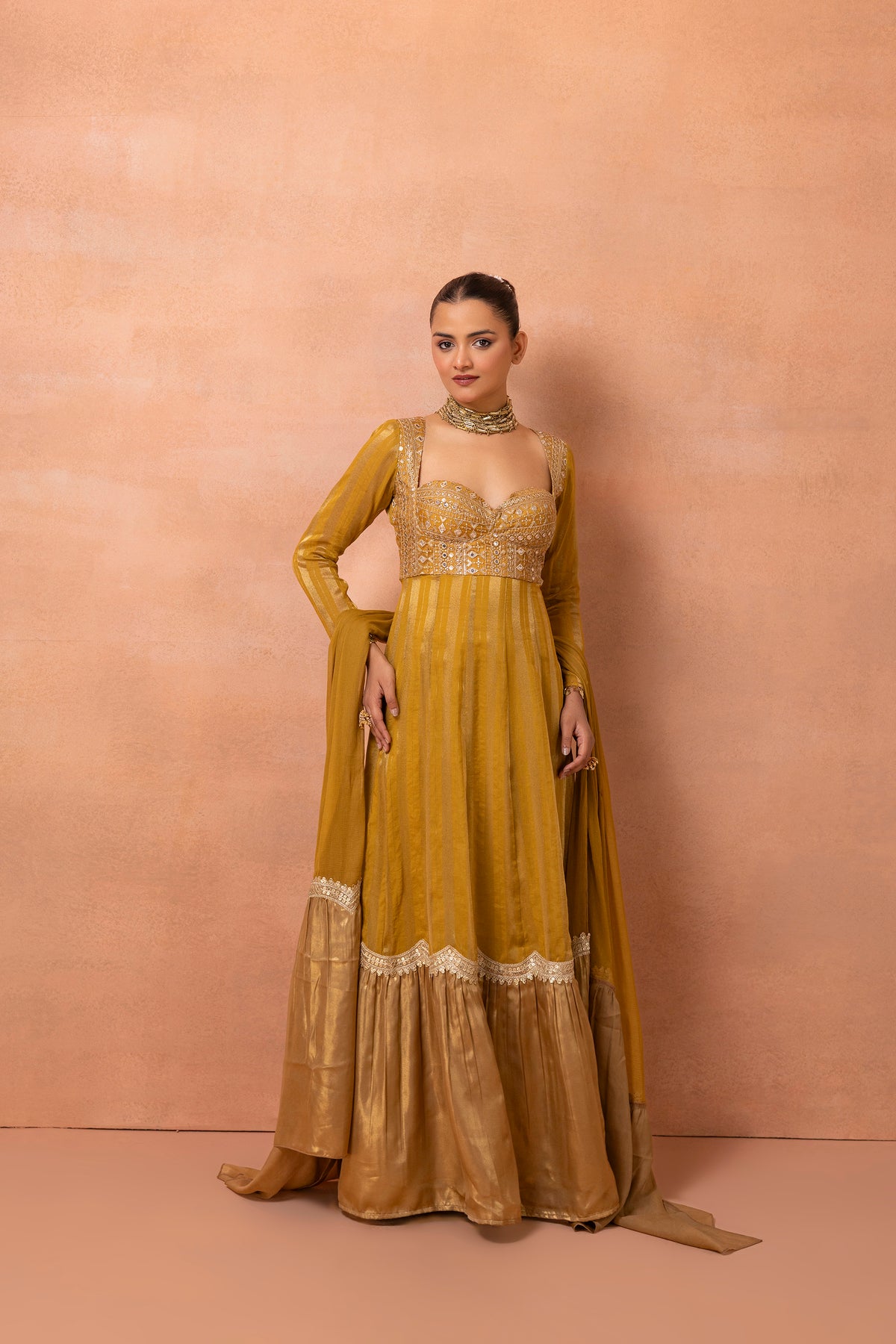 Mustard Gold Embroidered Anarkali Suit Set