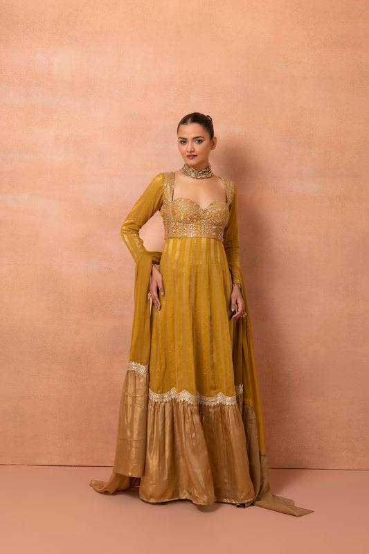 Mustard Gold Embroidered Anarkali Suit Set