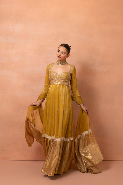 Mustard Gold Embroidered Anarkali Suit Set