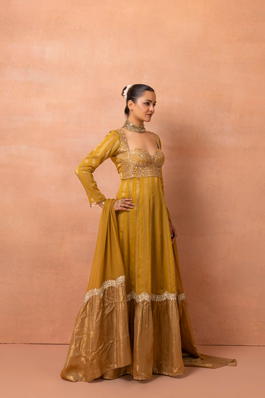 Mustard Gold Embroidered Anarkali Suit Set