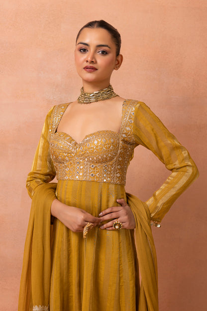 Mustard Gold Embroidered Anarkali Suit Set