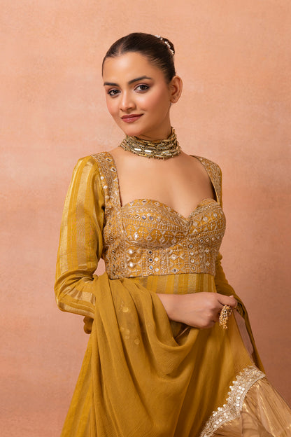 Mustard Gold Embroidered Anarkali Suit Set