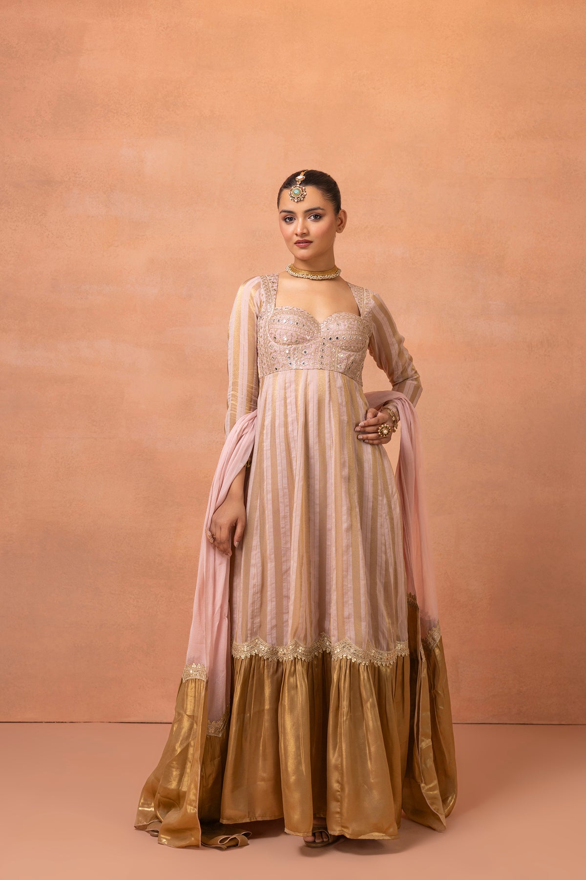 Blush Pink Gold Embroidered Anarkali Suit Set