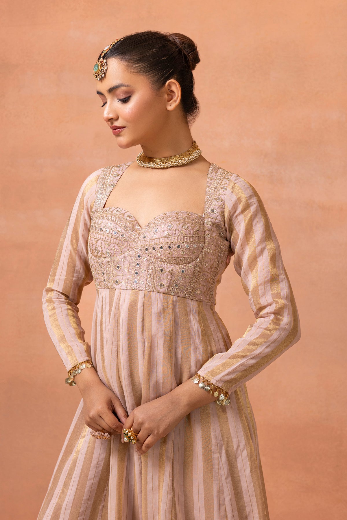 Blush Pink Gold Embroidered Anarkali Suit Set