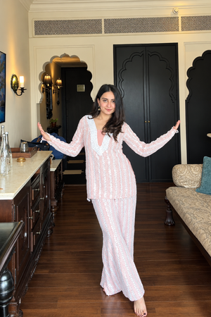 Peach Pink Sequin Embroidered Fusion Fit