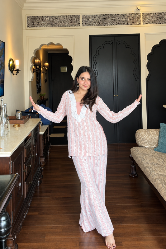 Peach Pink Sequin Embroidered Fusion Fit