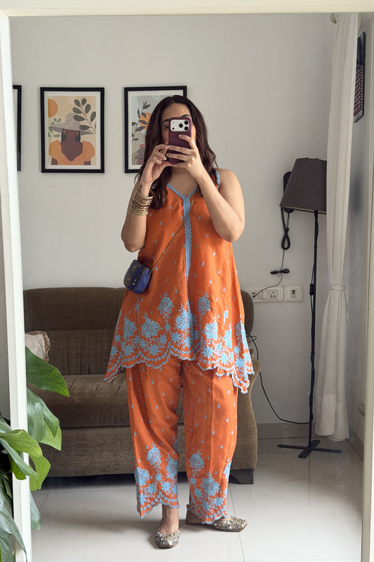 ORANGE AND BLUE HALTER EMBROIDERED FARSHI SALWAR SET