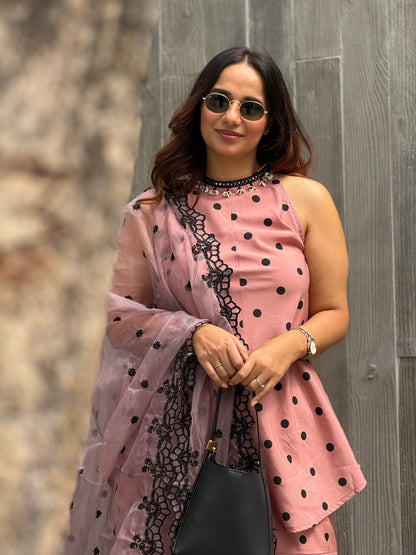 MAUVE POLKA DOT SET WITH EMBROIDERED ORGANZA DUPATTA