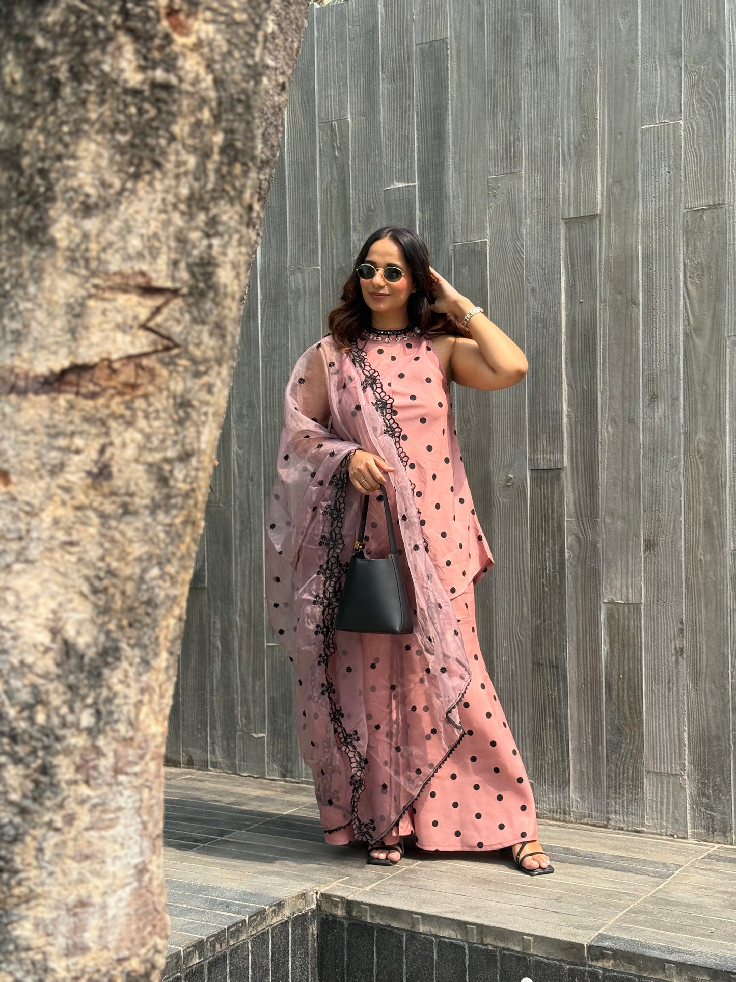 MAUVE POLKA DOT SET WITH EMBROIDERED ORGANZA DUPATTA