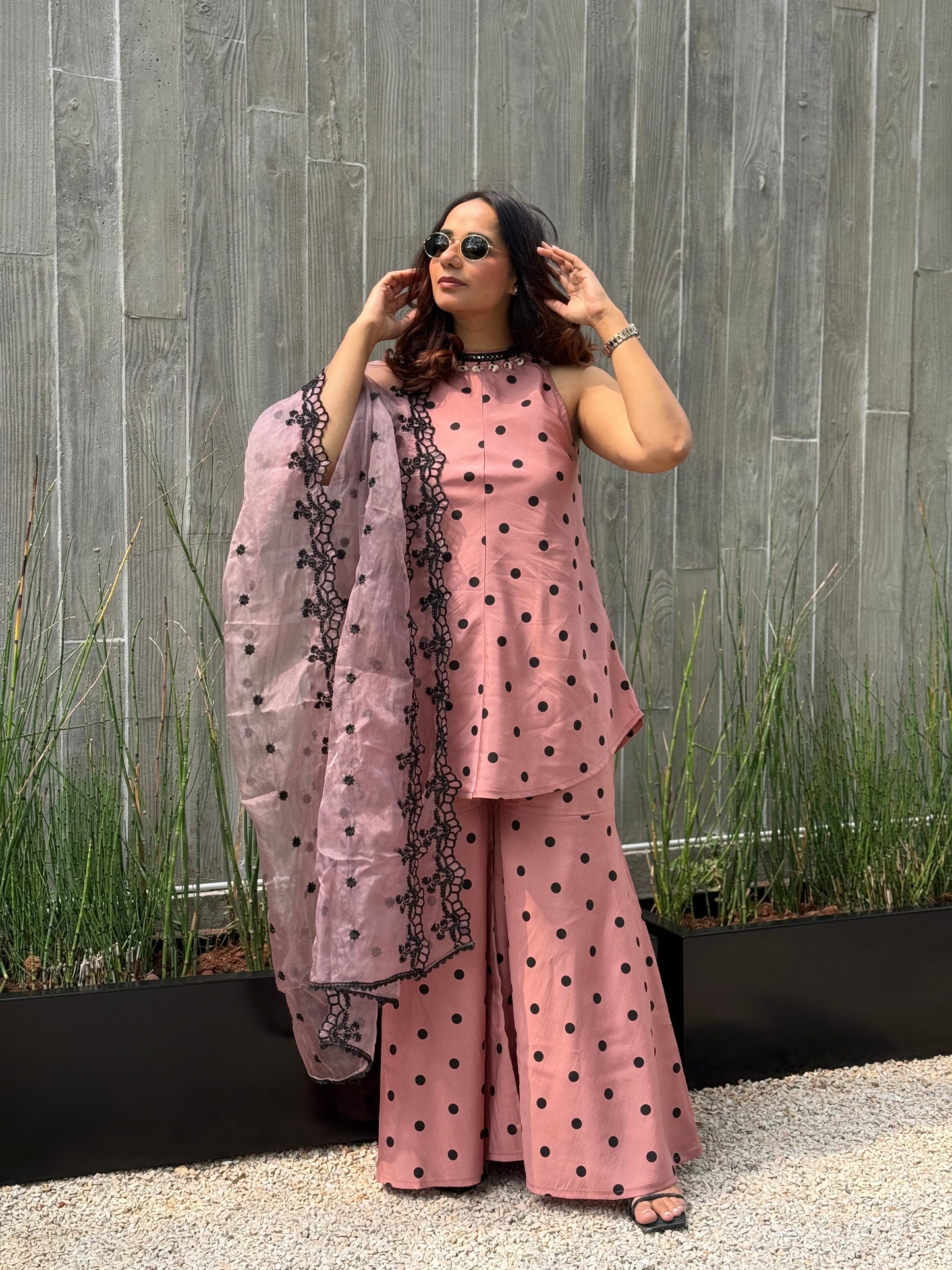 MAUVE POLKA DOT SET WITH EMBROIDERED ORGANZA DUPATTA