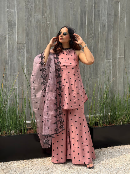 MAUVE POLKA DOT SET WITH EMBROIDERED ORGANZA DUPATTA
