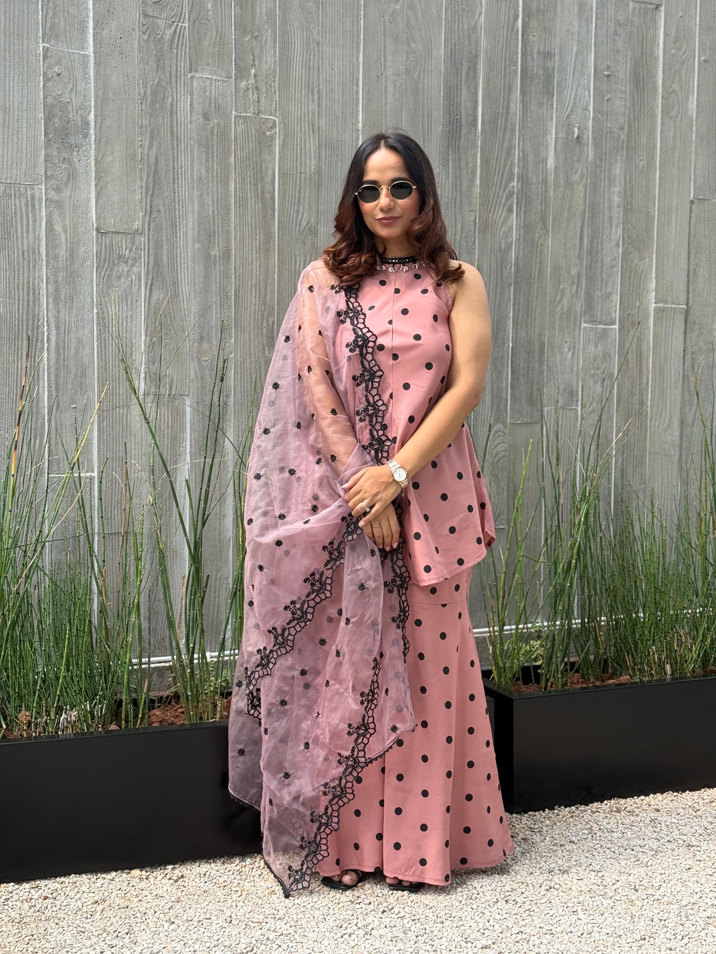 MAUVE POLKA DOT SET WITH EMBROIDERED ORGANZA DUPATTA